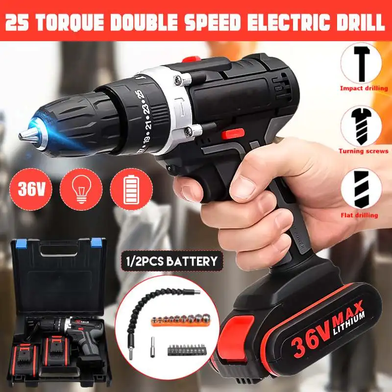 

36V Cordless Lithium Eletric Drills Impact Power Drill Double Speed W/ Accessories