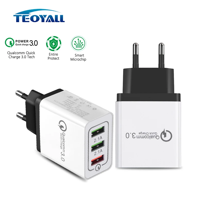 

TeoYall 3 Ports 5V 2.4 QC 3.0 Fast Charger for iPhone Cable Quick Charger Micro USB Cable EU/US Plus for Lightning Cable Type C