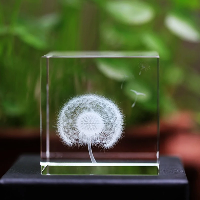 

60mm 3D Laser Engraved Cube Paperweight K9 Crystal Dandelion Figurines for Wedding Party Gifts