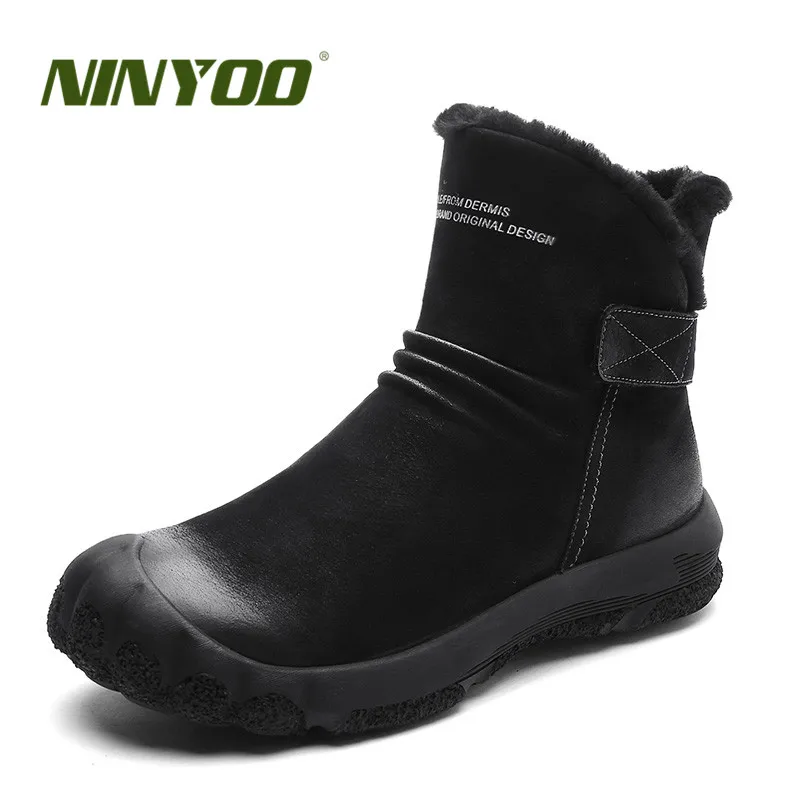 NINYOO New Genuine Leather Men's Snow Boots Fur Ankle High Desity Wool