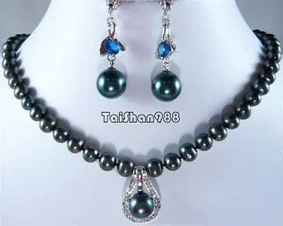 

XY67 IU464 Hot sale Free Shipping>>>>>Genuine Black Pearl 18KWGP Crystal Blue Cubic Zirconia Earrings Pendant Necklace