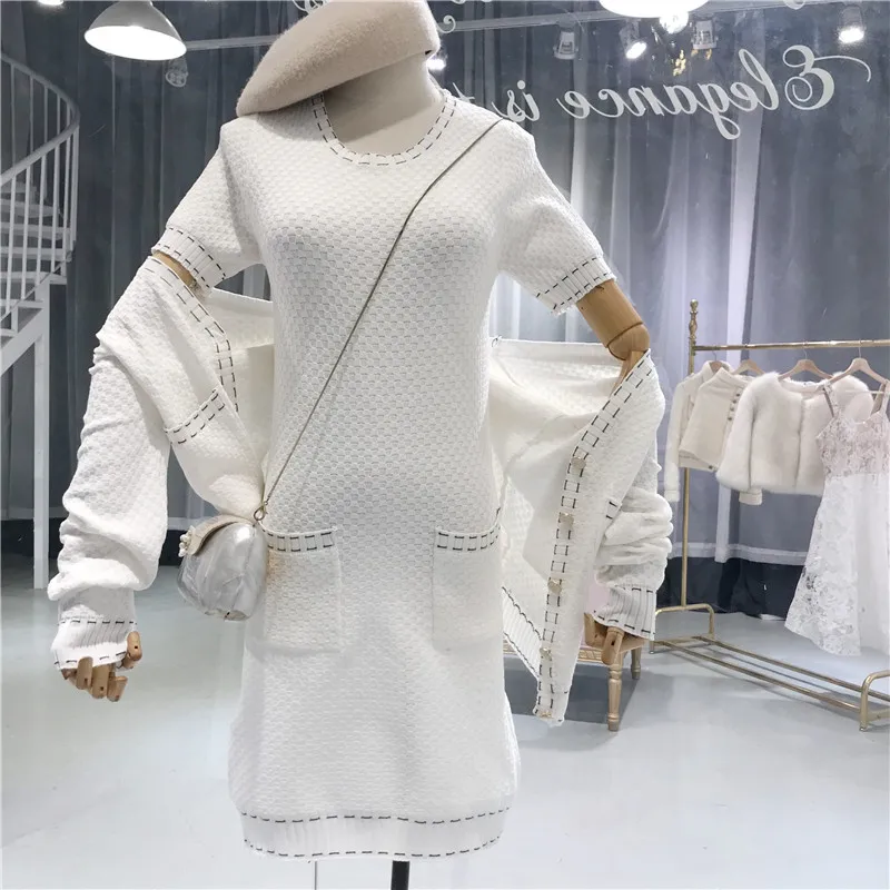 ALPHALMODA Autumn Winter Elegant Knitted Cardigans+ Short-sleeved Knit Dress Women OL Casual Suits