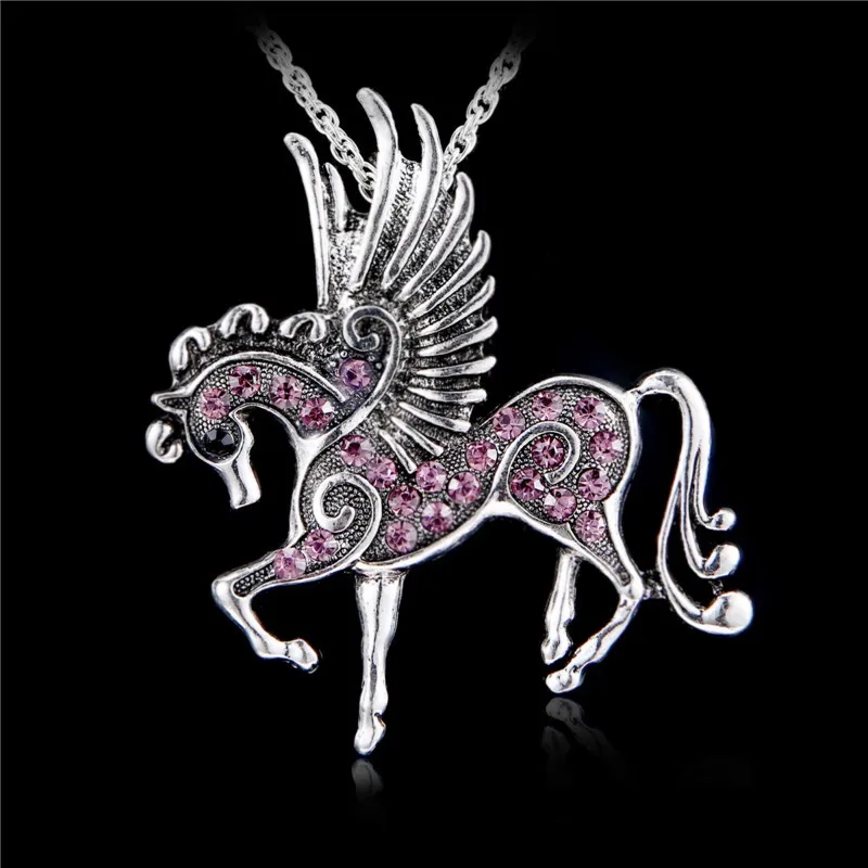 

New mix color Crystal Pegasus Necklace Fly Horse Necklace Pendant with Ribbon Rope Lobster Clasp Necklace Costume Jewelry