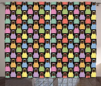 

Bulldog Kitchen Curtains Funny Cartoon Style Puppies in Lively Colors Joyful Fun Pattern for Animal Lovers Window Decor Panel