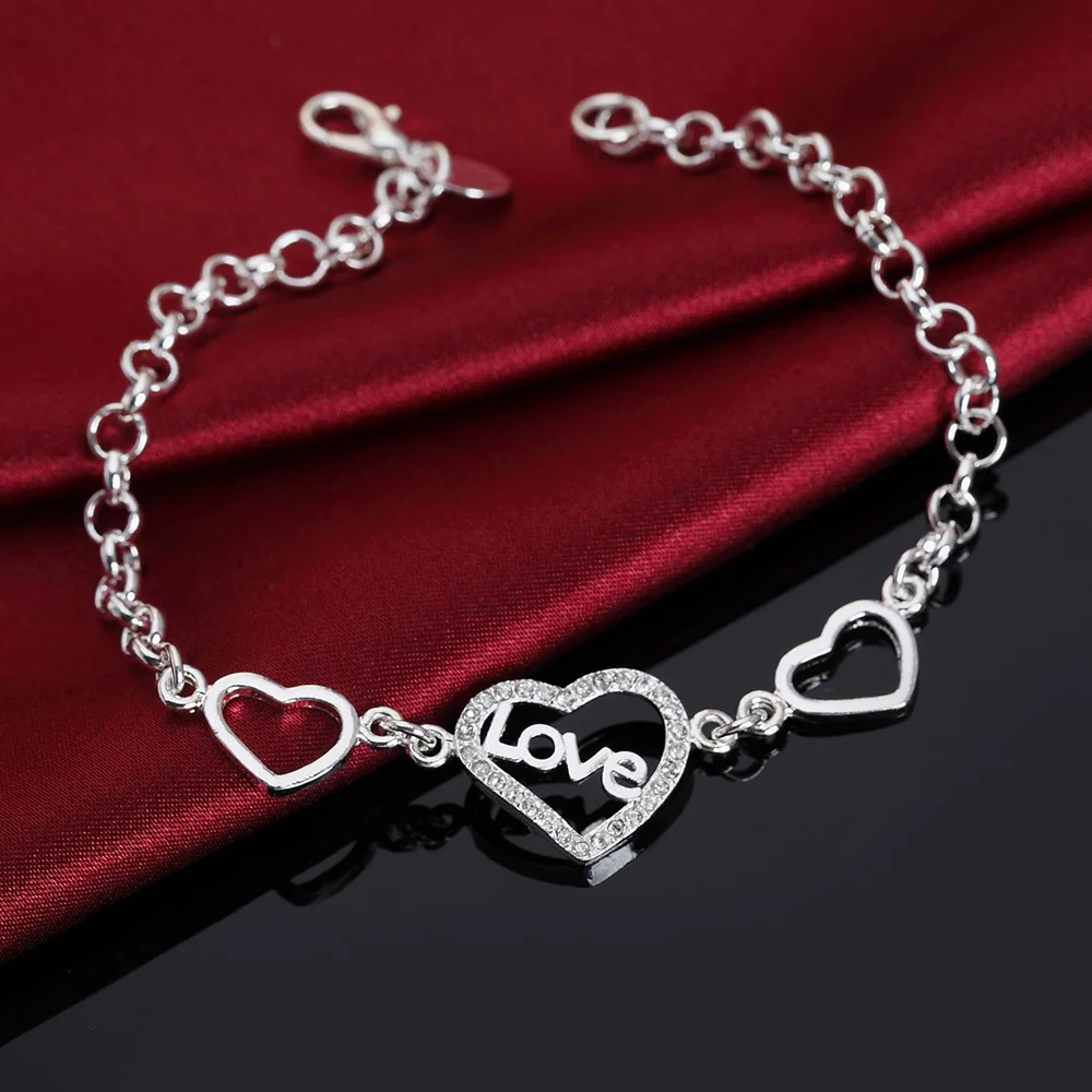 Beautiful fashion Elegant silver color charms Wedding heart love crystal Bracelet high quality Gorgeous jewelry LH015