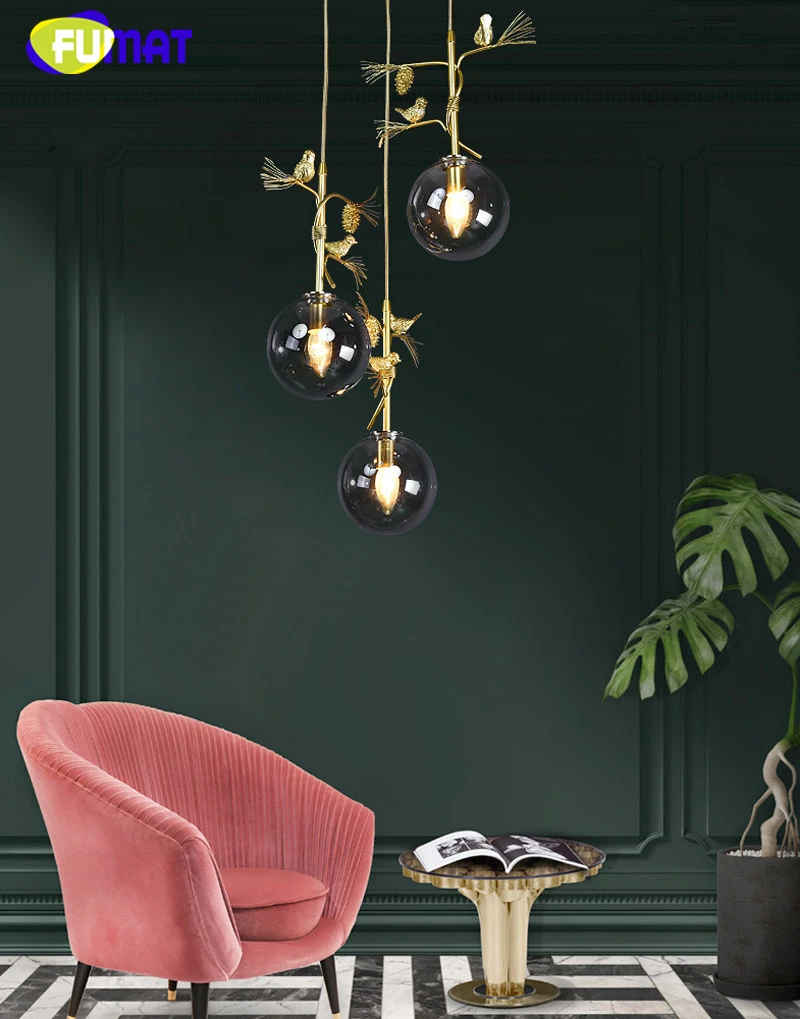 3 FUMAT Artichoke Bird Gold Glass Ball Ceiling Lamp Chandelier Spiral Staircase Villa G4 LED Modern Style Penthouse Layers Lights