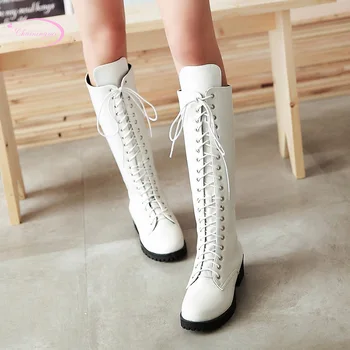 

Chainingyee cosplay style round head antumn knee high boots lace-up black white middle heel thick riding boots women's shoes