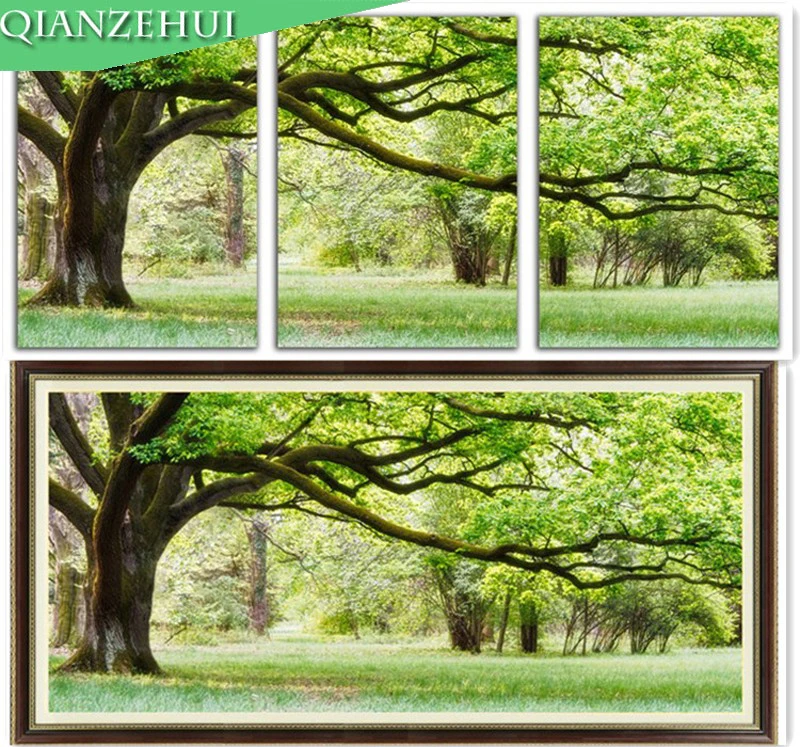 

QIANZEHUI.Needlework,DIY printing Triptych evergreen tree Cross stitch,Green tree Sets For Embroidery kits Cross-Stitching