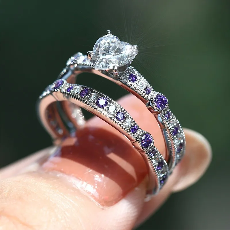 Fashion Crystal Heart Ring With Purple Stone Zircon Promise Ring Set