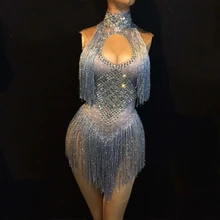 Блестящее серебряное боди с кисточками, Женский костюм для празднования дня рождения, Женский костюм певицы с блестящими кисточками, боди для выступлений, танцевальная одежда DJ331