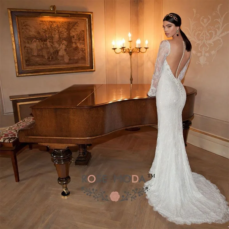 Роза Moda V образным вырезом одежда с длинным рукавом Кружевное Свадебное платье с отстегивающейся накидкой и с низким вырезом на спине кружевные свадебные платья wiith жемчуг