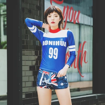 

2019 New Korean Women Two Pieces Swimwear Long Sleeves Chest Padded Wire Free Sunscreen Flat Angle Swimming Trunks Surf Suit