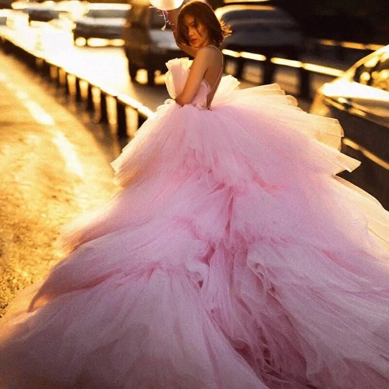 Pink Formal Gown Off Shoulder Puffy Evening Dresses Long Train vestido de festa robe de soiree Backless Evening Dress tulle Pink Formal Gown Off Shoulder Puffy Evening Dresses Long Train vestido de festa robe de soiree Backless Evening Dress tulle