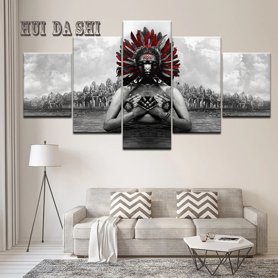 

5 Panel Modular Modern Canvas Painting Prints Indian Tribe Peacock feather Posters Art Wall Pictures For Living Room Home Decor