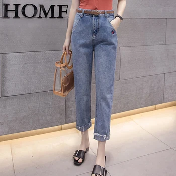

2018 Spring Style Fashion Trousers For Women Capris Loose Embroidery Jeans For Women High Waist Casual With Belt Pantalones