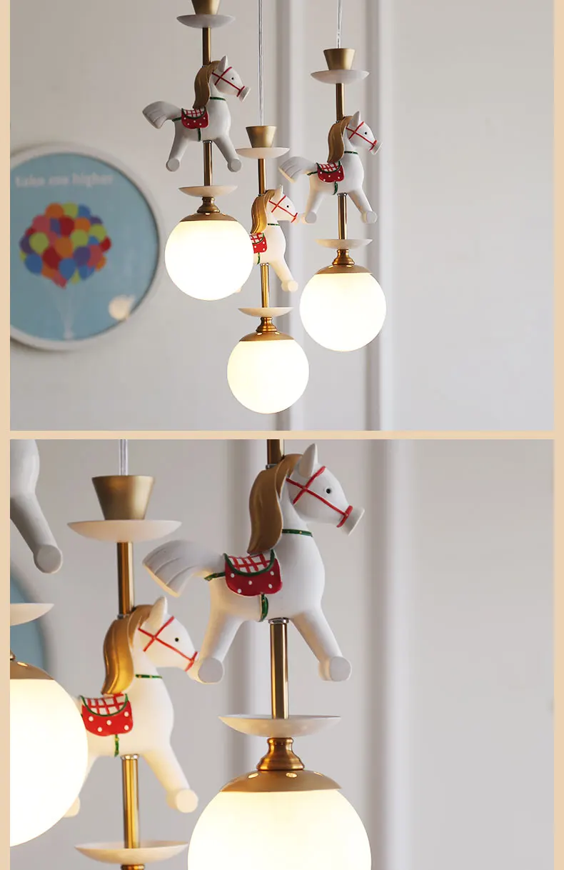 Мультяшная креативная карусель, подвесной светильник, для мальчиков и девочек, для спальни, скандинавский, простой, светодиодный, с цветным животным, с одной головкой, подвесной светильник