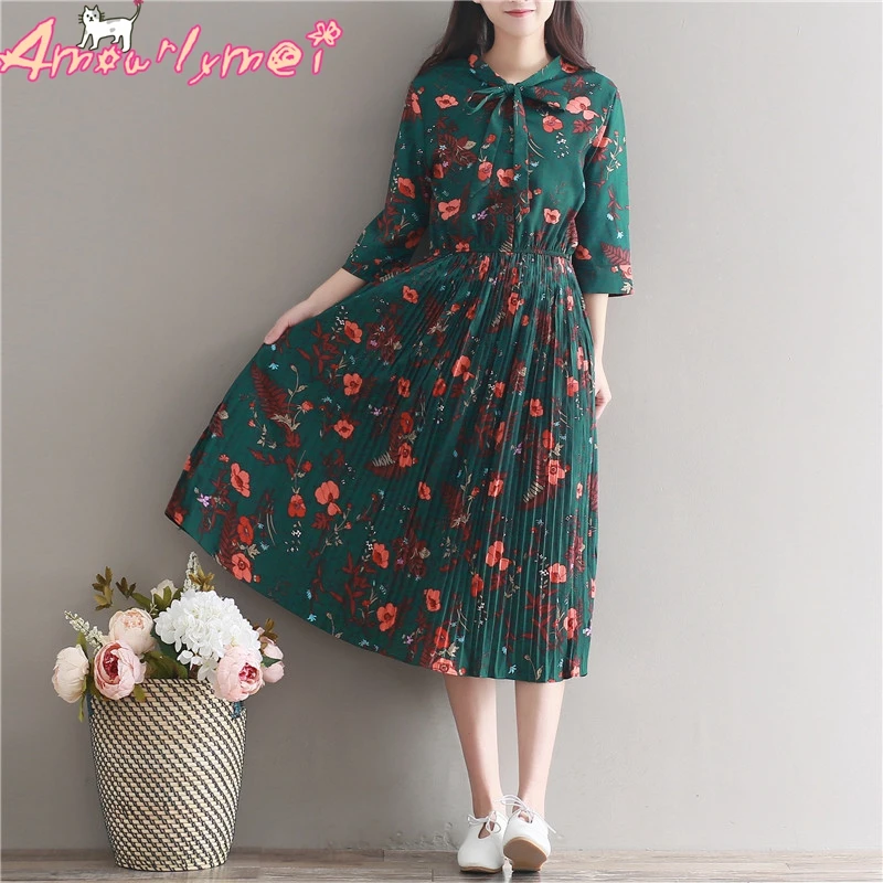 

Bow Lacing Chiffon Dress Summer Women Casual Vintage Green Floral Print 3/4 Sleeve Retro Pleated High Waist A-line Dresses Robe