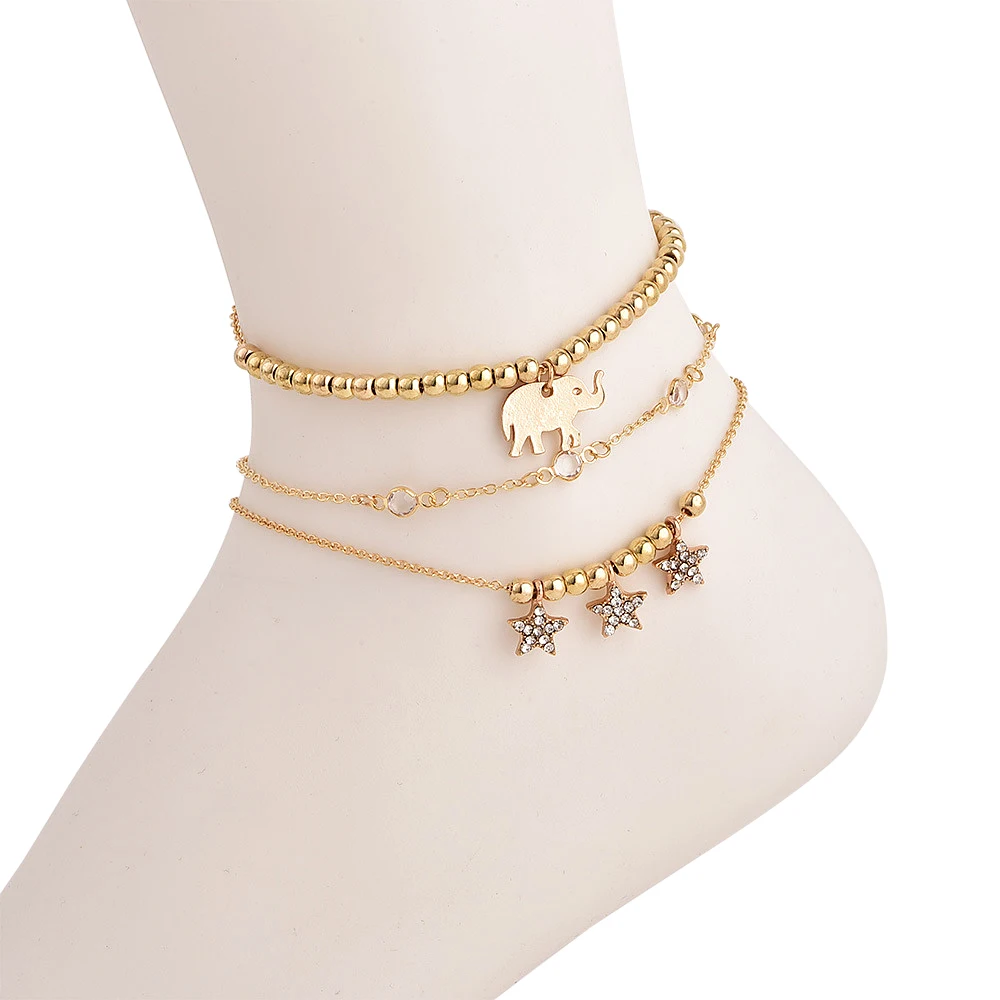 

ladies Handmade full pentagonal beads elephant anklet Multi-layer Anklets Elephant Pendant Bracelet Adjustable Foot Chain 3 Pcs