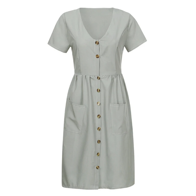 Women's Sexy Summer Dresses 2019 Boho Short Sleeve Button Solid Midi Dress Sundress With Pockets Lady Beach Party Dress Vestidos
