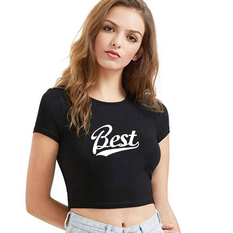 

Letter BEST Printed Women Sexy Crop Top Slim T-shirt Short Sleeve Short Type Sport Fitness Running T-shirt