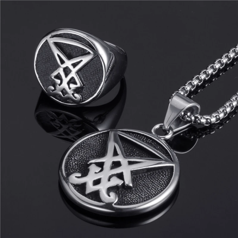 

Elfasio Jewelry Set Ring Penadnt Set Sigil of Lucifer Seal of Satan Devil Symbol Stainless Steel Necklace Chain Vintage Fashion