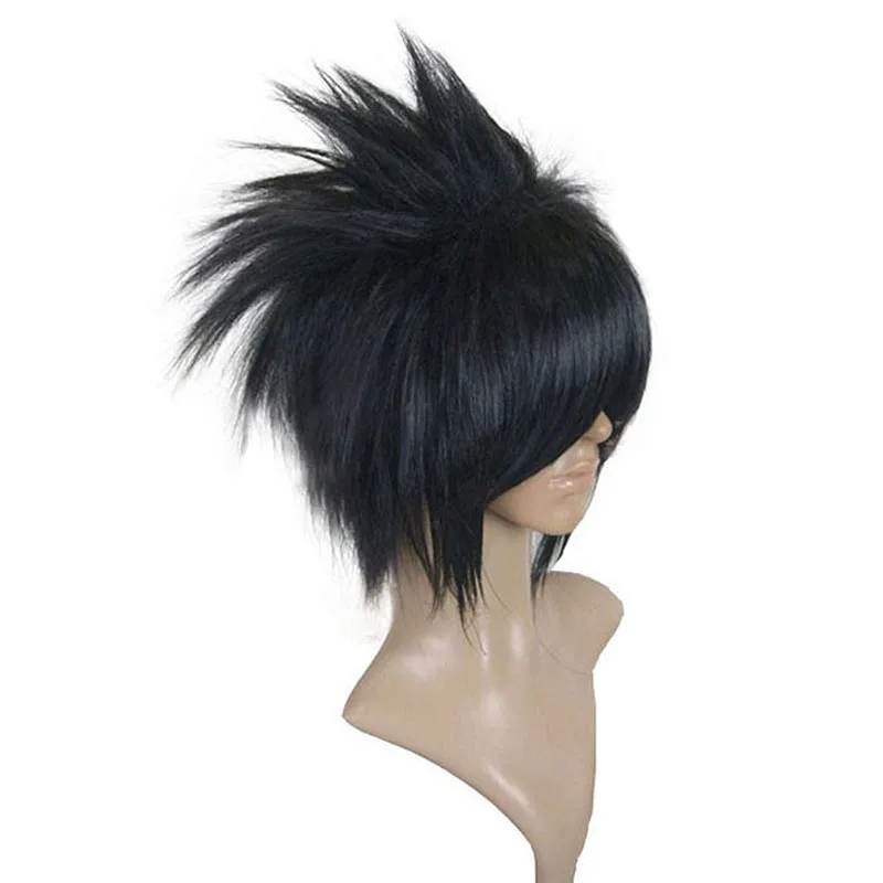 

Hair Cap+ Natural Black Short Straight Shaggy Layered Naruto Uchiha Sasuke Synthetic Cosplay Wig For Halloween