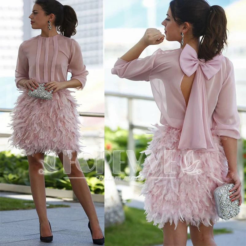 Модные розовые платья с перьями для выпускного вечера прозрачные вечерние платья Abendkleider Robe De Soiree Curto с бантом vestido de festa