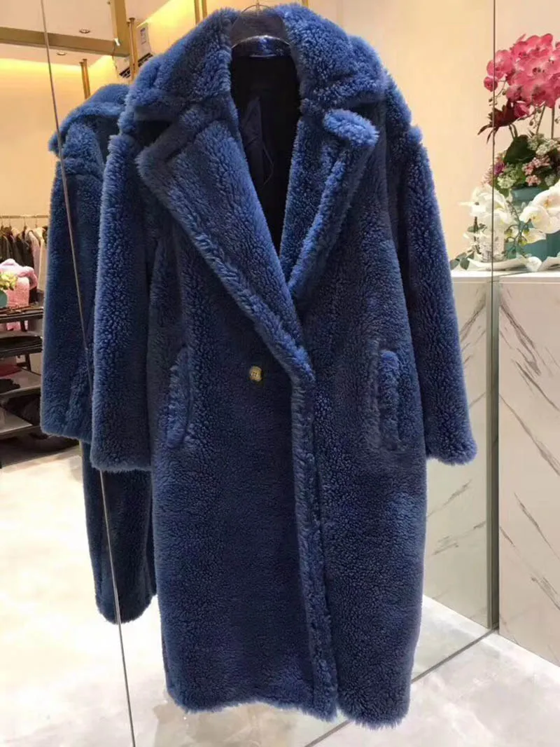 Женское плюшевое пальто из натуральной шерсти, модное Стильное зимнее плотное теплое длинное пальто, натуральный мех, верхняя одежда S7480 - Цвет: Blue