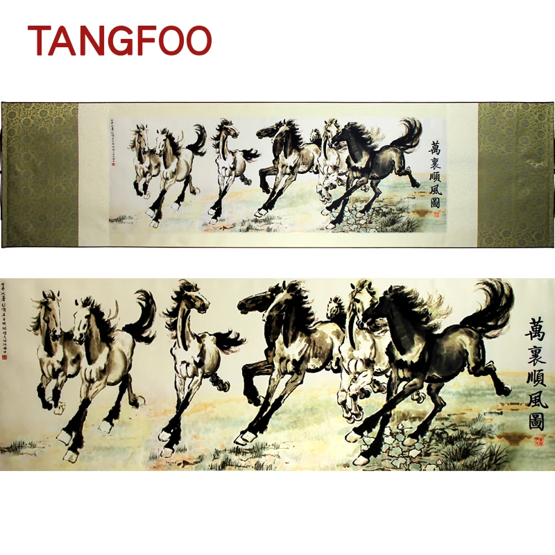 

Chinese Silk Scroll Painting Canvas Painting Wall Art Famous Horse Riding Print Home Decorative