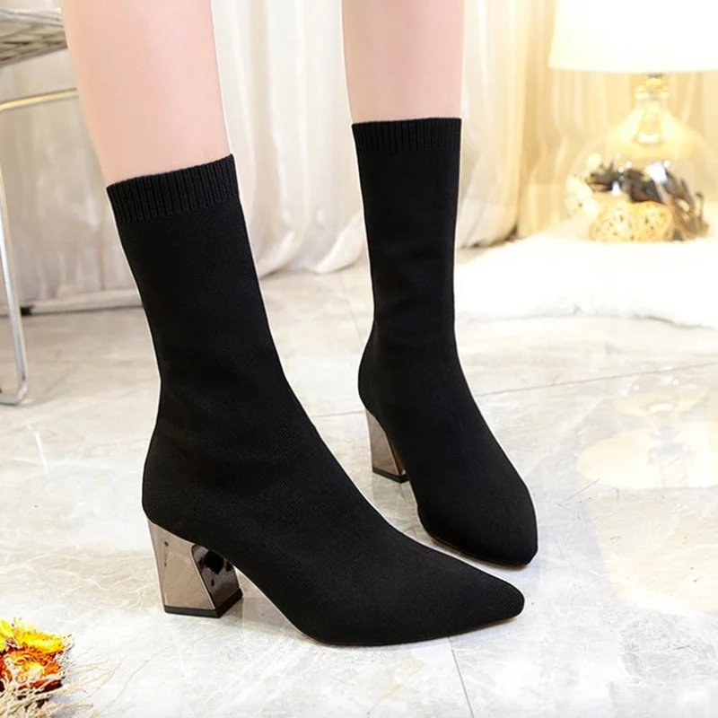

Women Boots 2018 Autumn Fashion Breathable comfort Stretch Fabric Women Mid-Calf Boots High Heel Black Square Heel Women Shoes