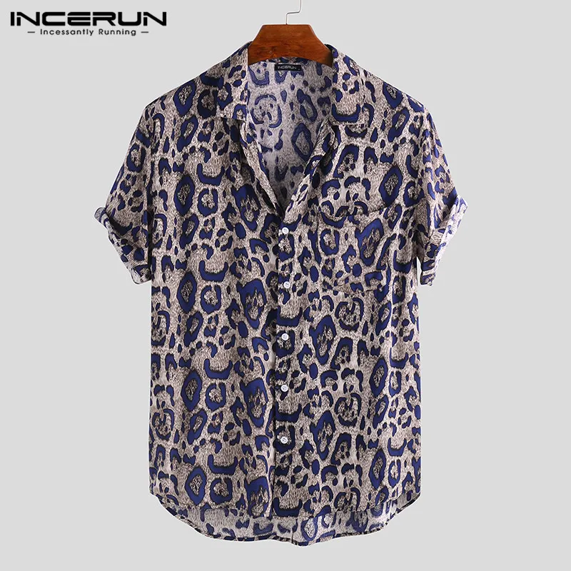 Летняя мужская рубашка с леопардовым принтом, дышащая Свободная блуза с короткими рукавами на пуговицах, уличная пляжная Гавайские рубашки для мужчин, INCERUN 3XL