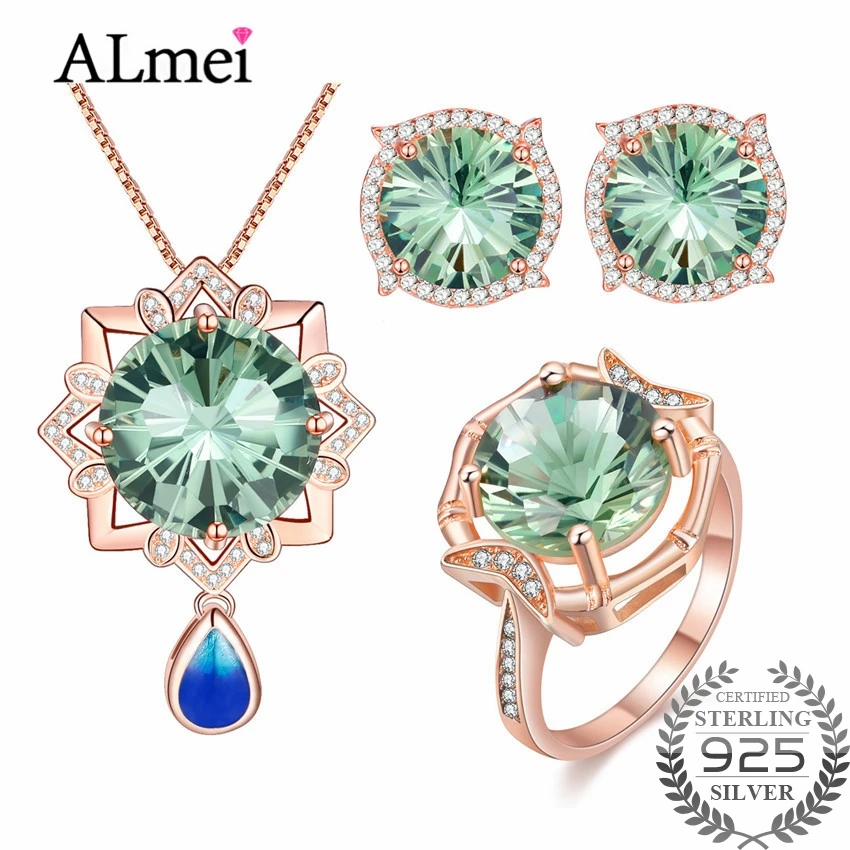 Almei Проверено 925 стерлингового серебра зеленый CZ камни Роскошные набор украшений