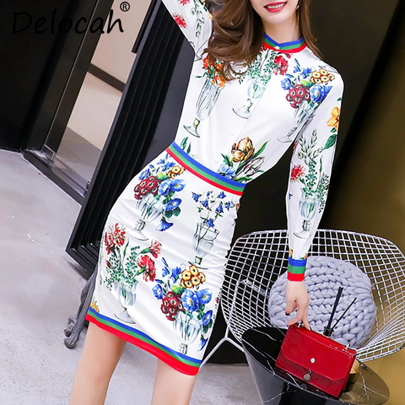 Delocah осень Для женщин комплект модный дизайнерский костюм с длинными рукавами и цветочным принтом Футболка с принтом + Русалка Slim Mini