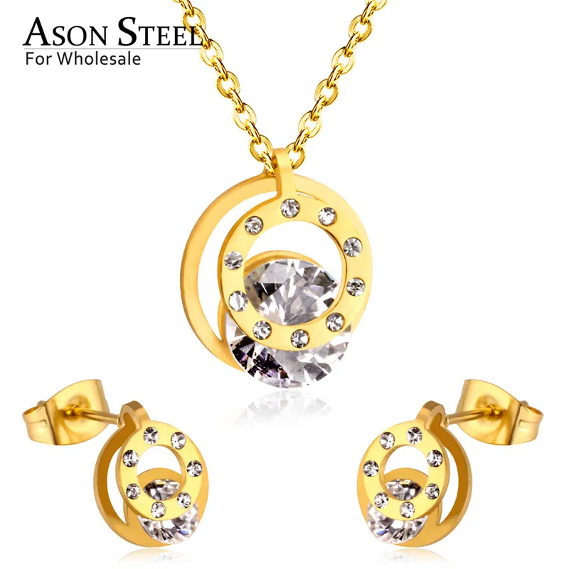 

ASONSTEEL Round Wedding Cubic Zirconia Jewelry Sets Pendant Necklace & Drop Stud Earrings Gold 316L Stainless Steel for Women