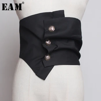 

[EAM] 2020 New Spring Summer Black Fold Irregular Pearl Split Personality Temperament Wide Belt Women Fashion All-match JT472