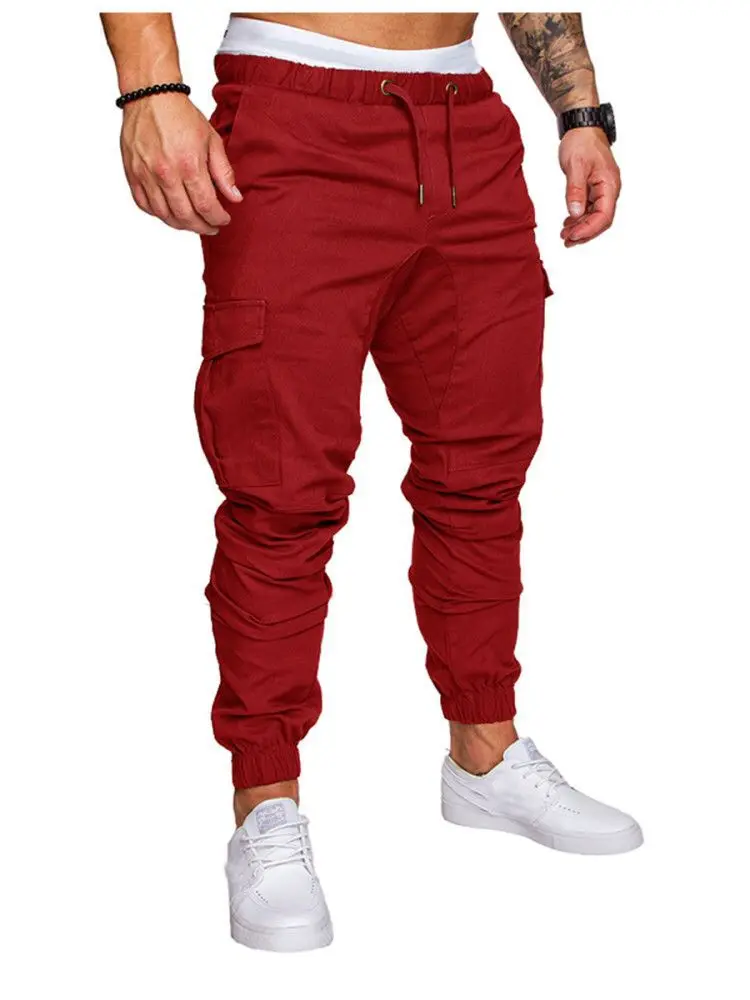 Бренд Для мужчин Штаны в стиле хип-хоп шаровары, штаны для бега Штаны мужской мужские брюки для бега одноцветное с несколькими карманами, Штаны впитывает пот и Штаны 4XL - Цвет: Красный