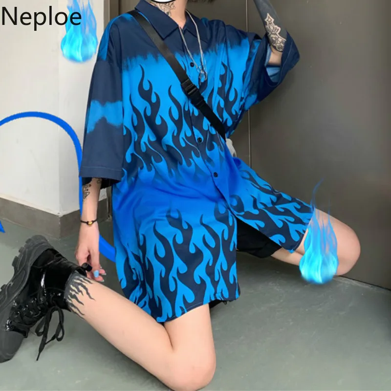 Neploe Harajuku кофточки оверсайз свободная огненная Готическая блузка с принтом Корейская уличная женская мужская хип хоп панк рубашка Топы Blusas 90142