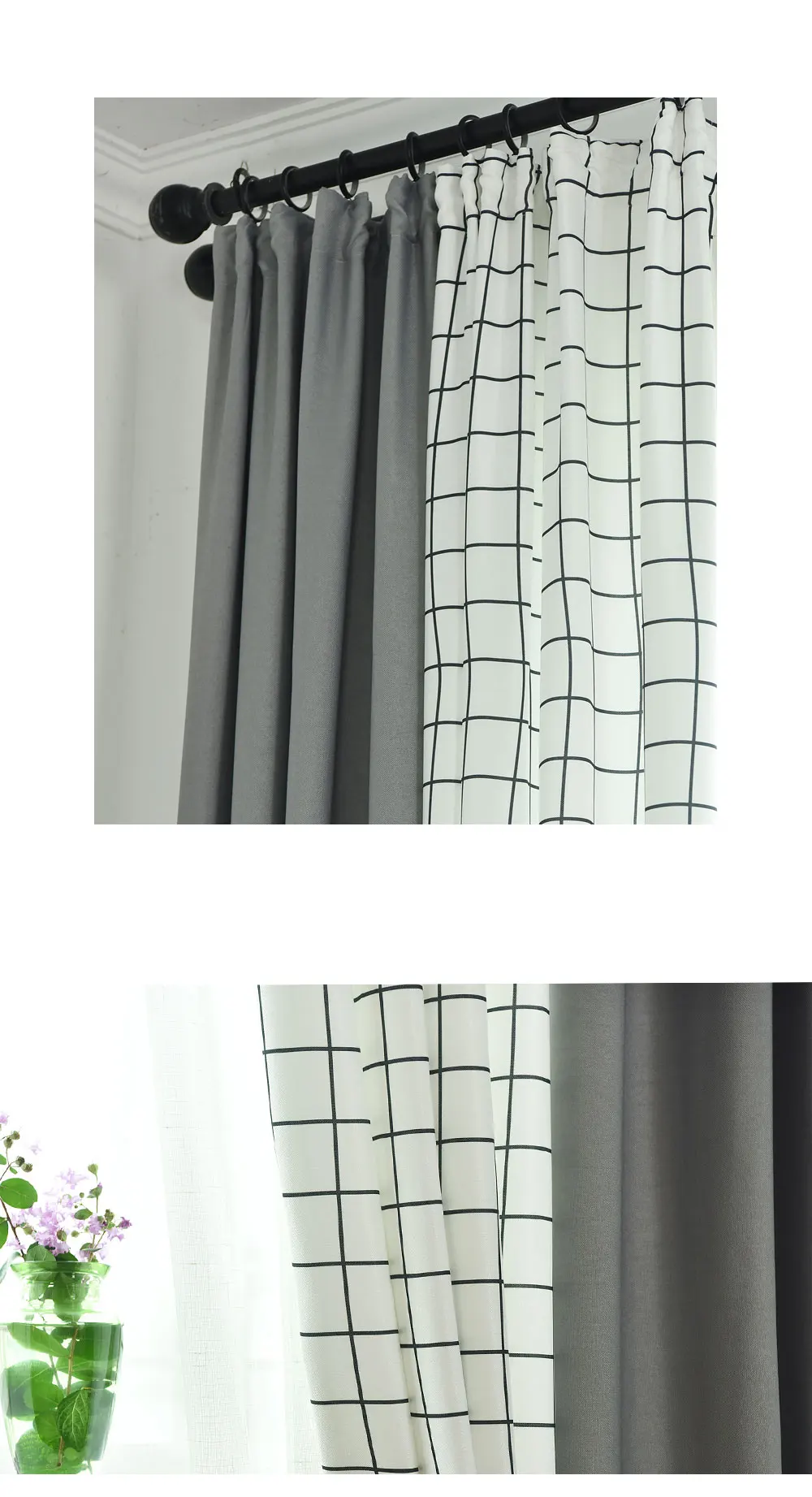 LOZUJOJU Stitching plain drops simple grey color for living room bedroom windows pastoral design curtains matching tulle fabric (3)