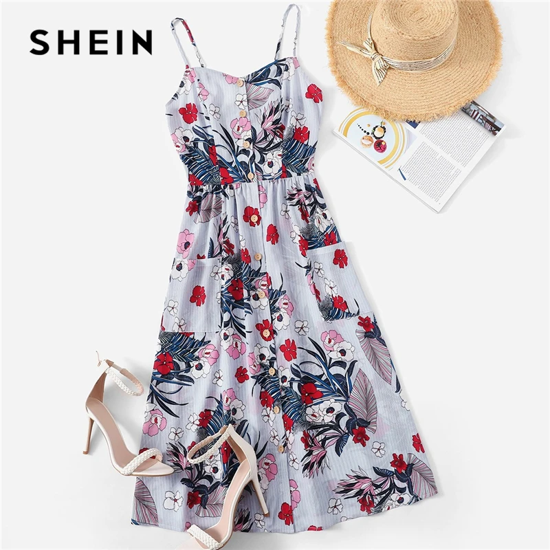 

SHEIN Boho Multicolor Pocket Front Button Up Floral Summer Cami Midi Dress Women High Waist Shirred Pleated A line Shift Dresses