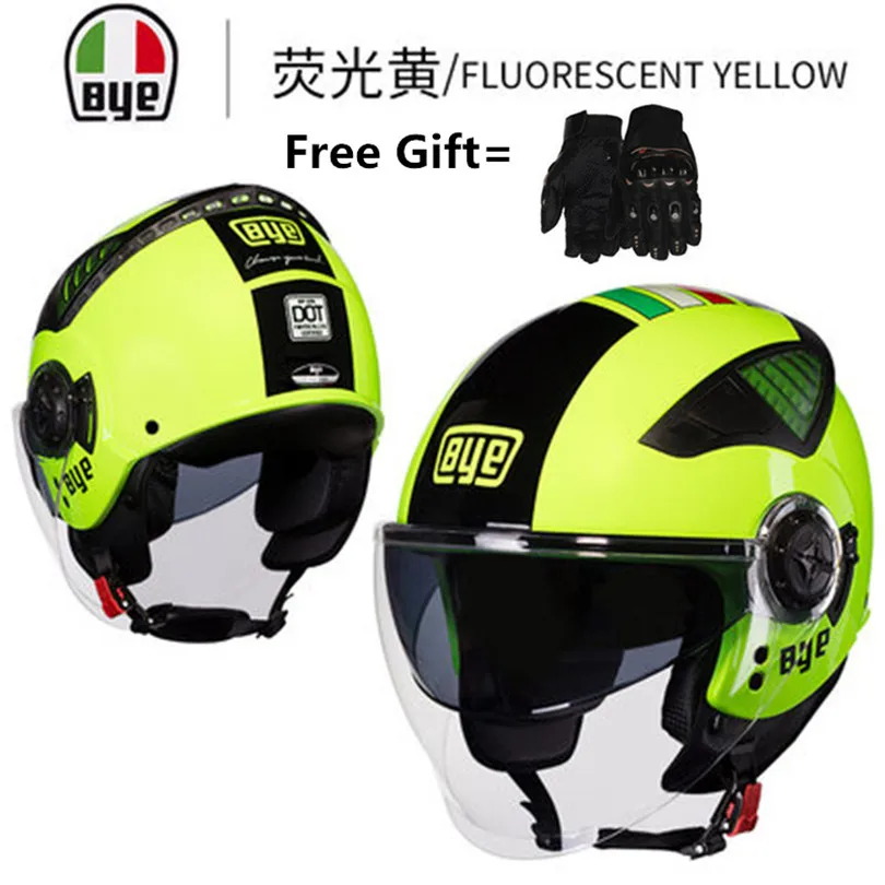 Японский стиль 3/4, Ретро шлем с открытым лицом, модифицированный велосипедный шлем, винтажные шлемы с двойными линзами красного цвета, КАСКО с перчатками в подарок - Цвет: nero yellow green