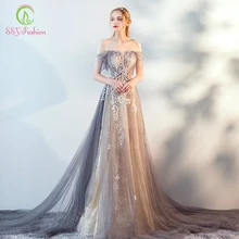 SSYFashion, новинка, сексуальное вечернее платье, роскошное, кружевное, расшитое бисером, с открытыми плечами, светильник, серый цвет, со шлейфом, вечерние платья для выпускного вечера, вечерние платья на заказ