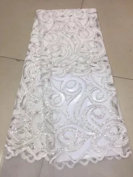 

2018 White African high quality velvet sequence French Nigerian sequins net tulle mesh Swiss lace fabric for dress 5yards/lot