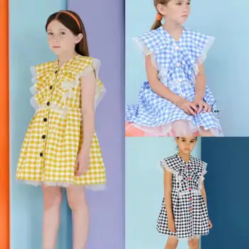 

Girls summer dress 2019 new princess plaid dress lace patchwork hit color button dress for children kids clothes 1-8Y ws458