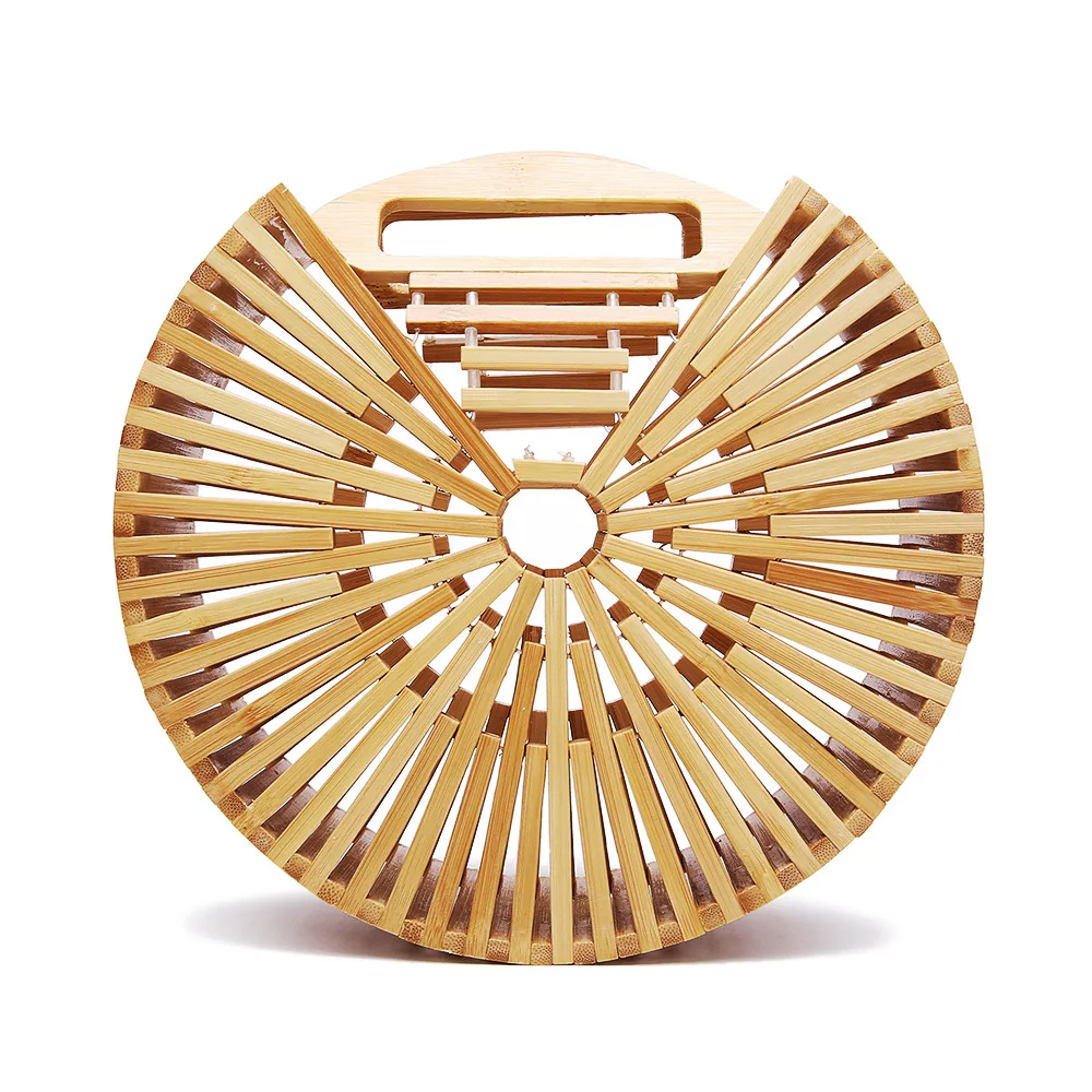 

New Brand Designer Handmade Women Bamboo Beach Bag Round Straw Female Handbag Hollow Rattan Bag Lady Tote Bag for Holiday Travel