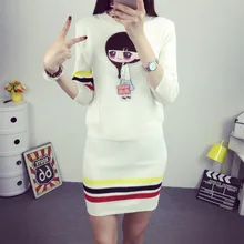 2016 Autumn Winter Women Sweaters Two-piece Suit Patchwork Dress Female cute Hip Skirt Pullover Casual Knitwear Tops JN871