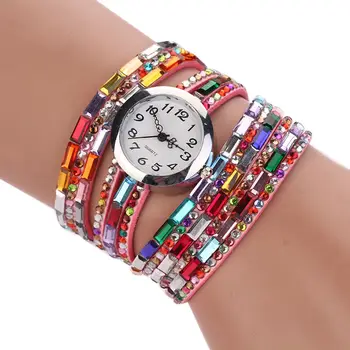 

Women Luxury Colorful Diamond Boho Rhinestone Quartz Watches Multilayer Bracelet Braided Winding Wrap Wristwatch PU Leather Band