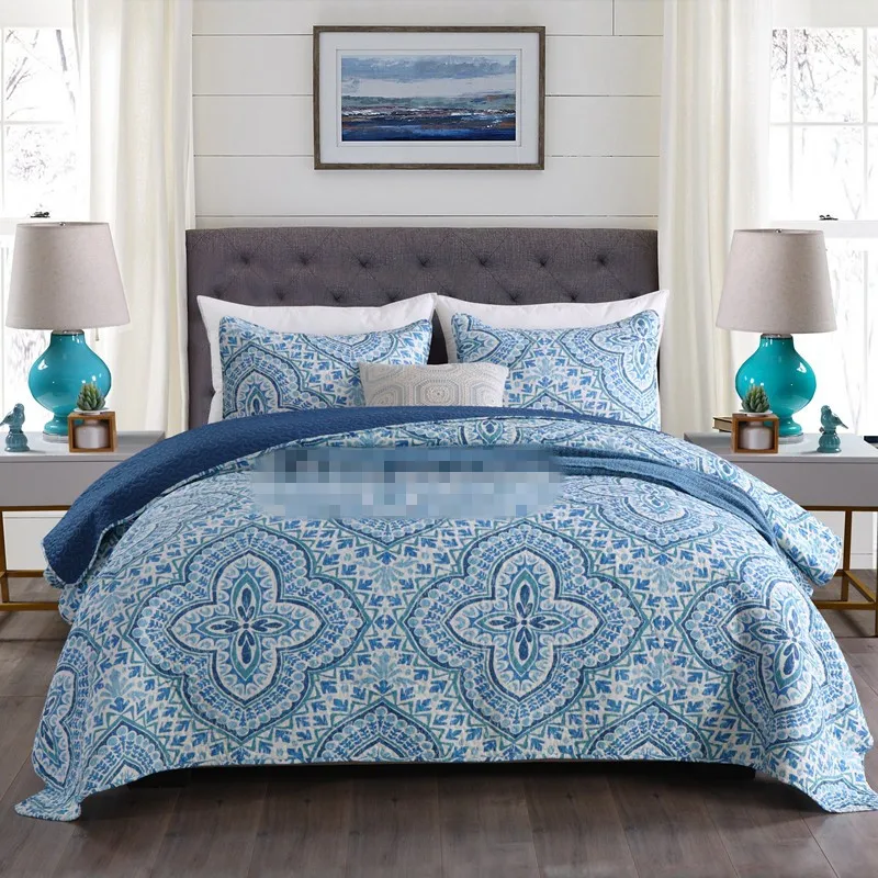 

Free shipping 2/3pcs bohemian style patchwork quilt sanding bedspread twin full queen king size printed blue floral bed cover AL