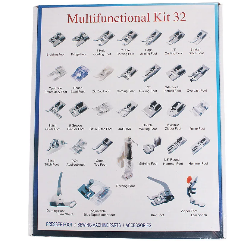 Online Máquina de coser doméstica prensatelas pies Kit Set con caja cantante Janom máquinas de coser herramientas para pies ACCESORIOS Herramienta de coser