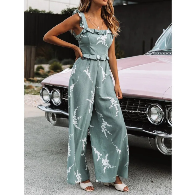 new sexy straps ruffled printed one-piece trousers women vintage backless print female Siamese trousers Lake Blue summer - Цвет: Небесно-голубой