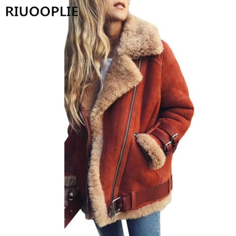 New  RIUOOPLIE Winter Womens Fleece Fur Biker Aviator Jacket Coat Zipper Warm Lapel Outwear